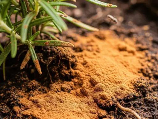 Polvo de canela para las plantas, aplicado cerca de las raíces de un romero. Un pequeño insecto se acerca.