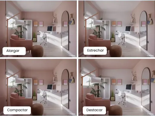 Cuatro vistas de una habitación con paredes y techos pintados del mismo color rosa pálido. Cada vista muestra un efecto diferente: alargar, estrechar, compactar y destacar.