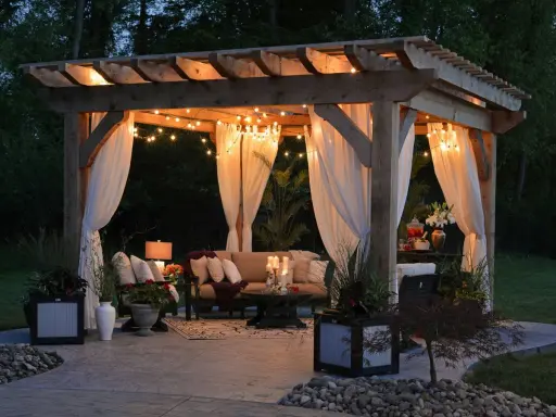 Pérgola iluminada con luces cálidas y cortinas blancas, creando un ambiente acogedor. Una idea perfecta para saber como iluminar un jardin y disfrutarlo de noche.