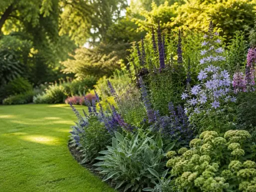 Un jardín exuberante con césped verde y un borde de flores vibrantes, como salvia y campanillas, son excelentes plantas perennes ejemplos.