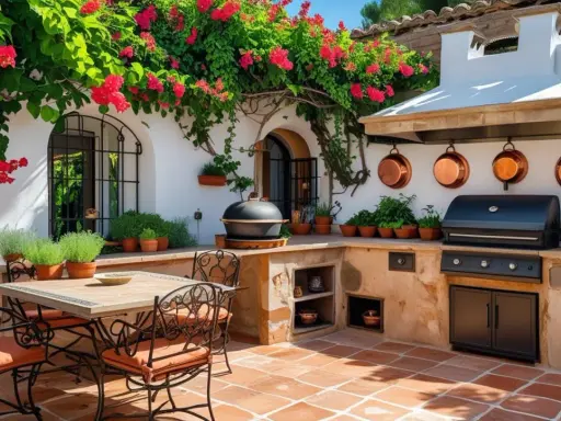 Ampliar cocina con terraza, ideal para disfrutar de barbacoas bajo buganvillas en flor. Mesa y sillas de forja, parrilla y campana extractora.