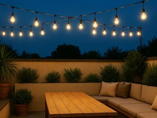 Ideas de iluminación para terraza: guirnaldas de bombillas cálidas iluminan un rincón acogedor con sofá y mesa de madera, creando un ambiente perfecto para la noche.