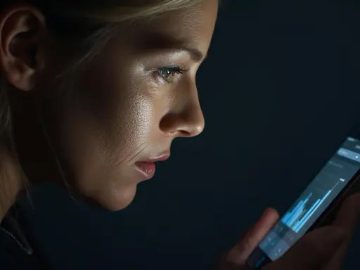 Mujer revisa su móvil, buscando información para cambiar compañía luz. La pantalla ilumina su rostro pensativo.