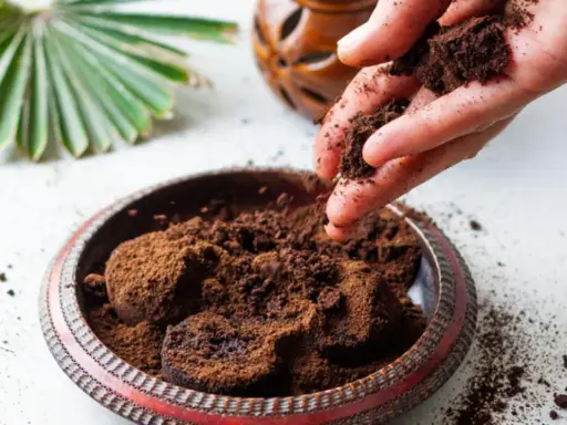 Mano esparciendo posos de café para plantas en un cuenco. Un abanico de hoja verde y un recipiente de madera en el fondo.