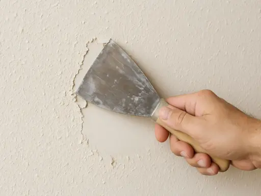Mano con espátula rasca gotele de una pared, eliminando la textura irregular para prepararla.