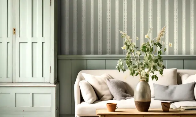 Un salón acogedor con un sofá beige, una mesita de madera y un armario antiguo. El papel para pared con gotele a rayas verdes y blancas crea un ambiente sereno.