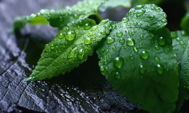 Gotas de agua cubren hojas verdes, un signo de exceso de agua en las plantas. La textura rugosa de la madera oscura contrasta con la frescura de la vegetación.