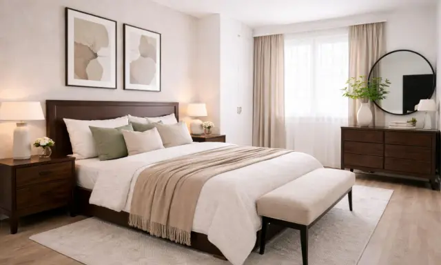 Habitación serena con cama de madera oscura, ropa de cama beige y verde salvia, y cuadros abstractos. Los colores de la habitación crean un ambiente acogedor.