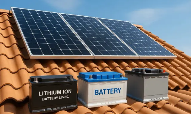 Paneles solares sobre un tejado, junto a tres acumuladores de luz: uno negro de litio, uno blanco y uno gris.