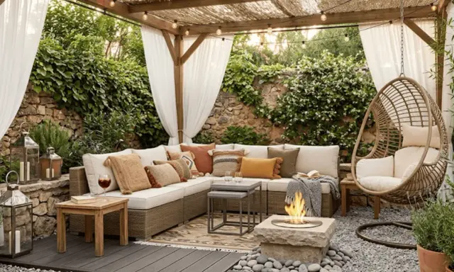 Acogedora zona chill out exterior con sofá modular, sillón colgante, hoguera y cortinas blancas. Un rincón perfecto para relajarse.