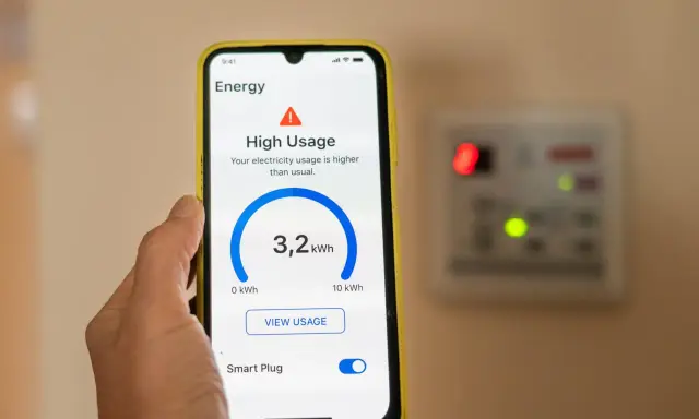 Un teléfono muestra cómo se mide el consumo eléctrico con 3,2 kWh y alerta de alto uso.