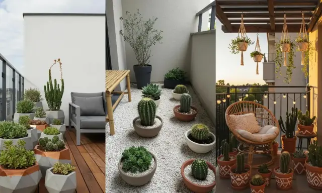 Balcones llenos de vida con jardineras con cactus y suculentas, creando oasis verdes y modernos.