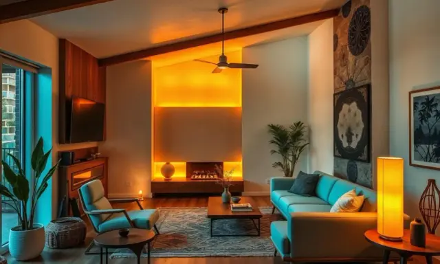 Salón de estilo mid century con sofá azul, chimenea iluminada y vigas de madera.