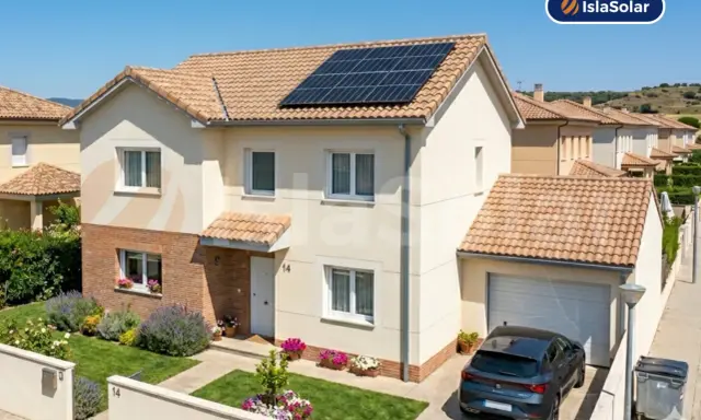 Casa moderna con paneles solares en el tejado, promoviendo el ahorro con paneles solares. Jardín cuidado y coche aparcado.