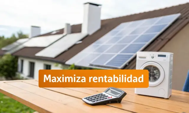 Paneles solares en tejado, lavadora y calculadora sobre mesa. Mensaje: "Maximiza rentabilidad" para tu excedente solar.