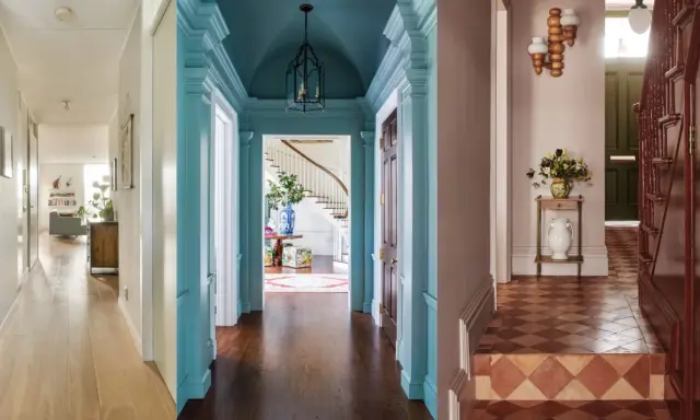 Paleta de colores para pasillos: tonos neutros, azul cielo y rosa pálido crean ambientes acogedores y elegantes.