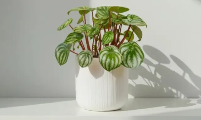 Peperomia sandía en maceta blanca. Sus cuidados son sencillos para tenerla radiante.