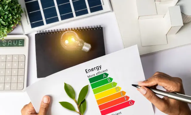 Calculadora muestra "SAVE". Hoja con etiqueta energética y bombilla. ¿Cuánto consume un ordenador en euros?