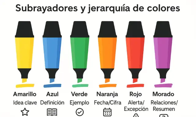 Subrayadores y jerarquía de colores: amarillo para ideas clave, azul para definiciones. ¿Cuál es el mejor color para estudiar? ¡Todos son útiles!