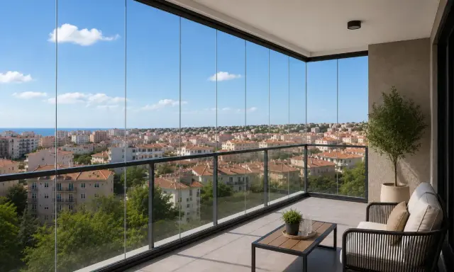 Balcón con una **fachada de cristal** que ofrece vistas panorámicas de una ciudad costera bajo un cielo azul.