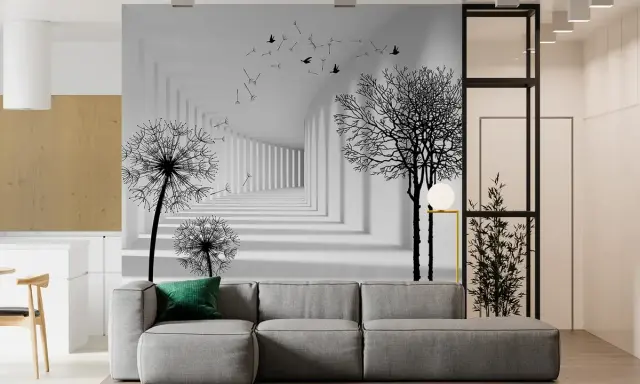 Un pasillo infinito con dientes de león y árboles crea un efecto visual para dar profundidad a una pared.