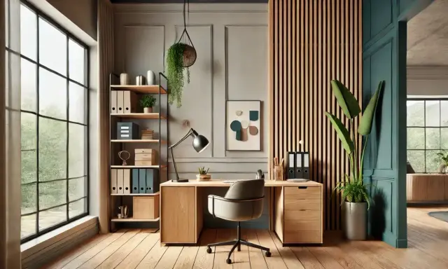 Escritorio moderno con detalles en madera y metal, estanterías, lámpara y plantas.
