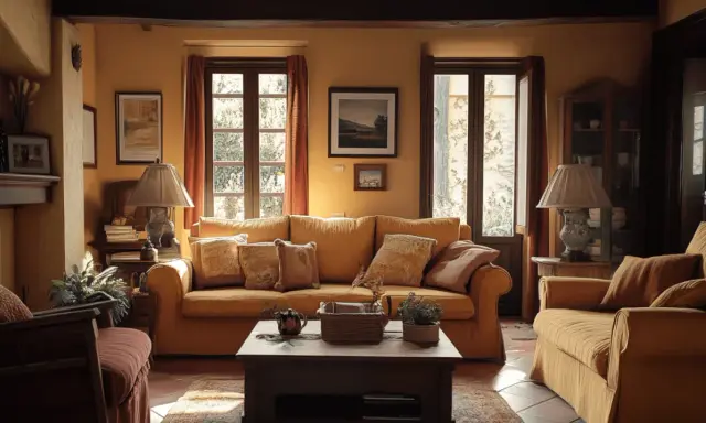Acogedor salón con sofás y sillones en tonos cálidos, chimenea, lámparas y ventanas que evocan un **estilo toscano** rústico y confortable.