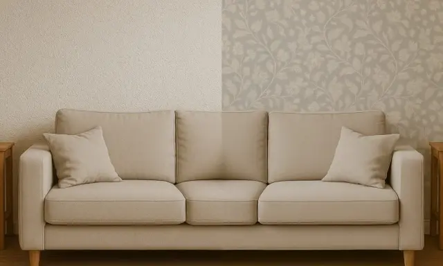 Sofá beige frente a pared dividida: una mitad con gotelé y la otra con papel pintado floral.