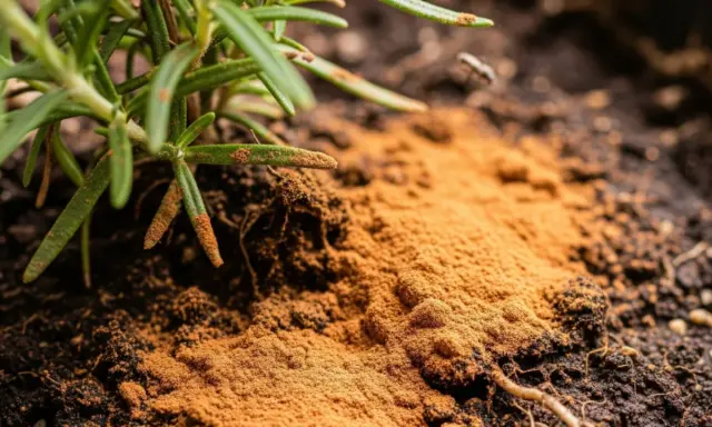 Polvo de canela para las plantas, aplicado cerca de las raíces de un romero. Un pequeño insecto se acerca.