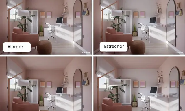 Cuatro vistas de una habitación con paredes y techos pintados del mismo color rosa pálido. Cada vista muestra un efecto diferente: alargar, estrechar, compactar y destacar.