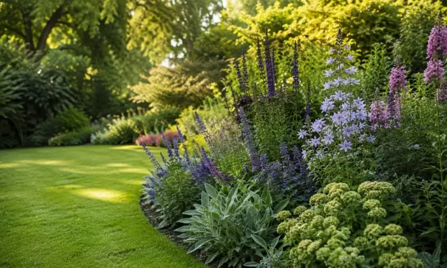 Un jardín exuberante con césped verde y un borde de flores vibrantes, como salvia y campanillas, son excelentes plantas perennes ejemplos.