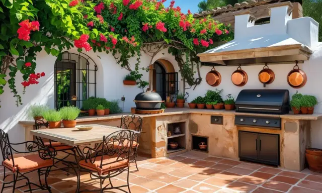 Ampliar cocina con terraza, ideal para disfrutar de barbacoas bajo buganvillas en flor. Mesa y sillas de forja, parrilla y campana extractora.