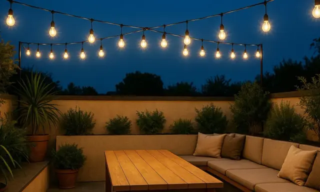Ideas de iluminación para terraza: guirnaldas de bombillas cálidas iluminan un rincón acogedor con sofá y mesa de madera, creando un ambiente perfecto para la noche.