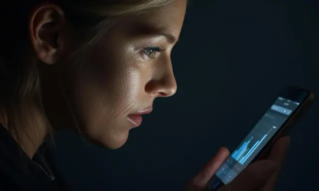Mujer revisa su móvil, buscando información para cambiar compañía luz. La pantalla ilumina su rostro pensativo.