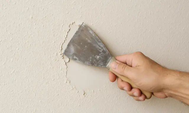 Mano con espátula rasca gotele de una pared, eliminando la textura irregular para prepararla.