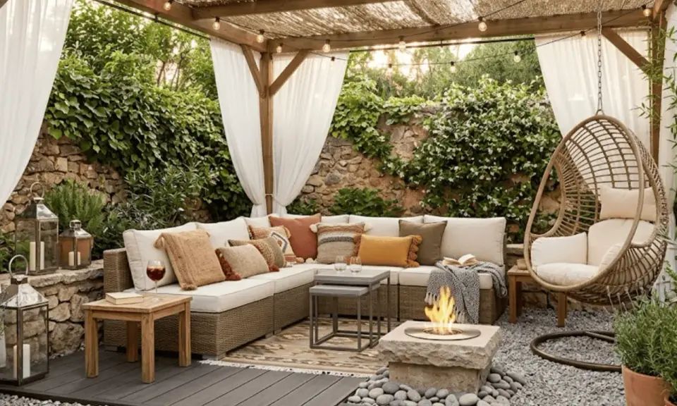Acogedora zona chill out exterior con sofá modular, sillón colgante, hoguera y cortinas blancas. Un rincón perfecto para relajarse.