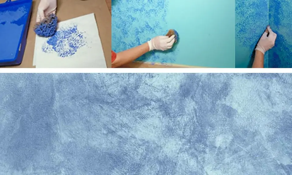 Manos con guantes crean originales pintar paredes con efectos texturizados usando esponjas y pintura azul.