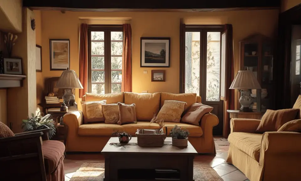 Acogedor salón con sofás y sillones en tonos cálidos, chimenea, lámparas y ventanas que evocan un **estilo toscano** rústico y confortable.