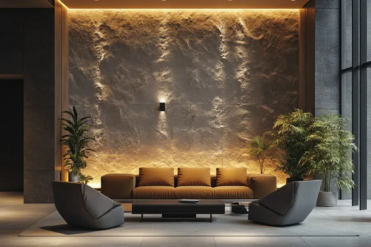 Iluminación cálida y texturas naturales crean un efecto dramático, mostrando como dar profundidad a una pared con piedra y plantas.