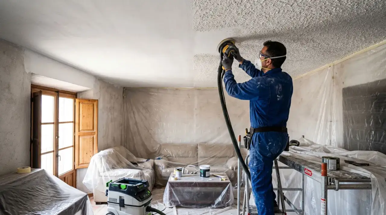 Hombre con equipo de protección lijando el techo con gotelé. El área está cubierta con plástico para proteger los muebles.