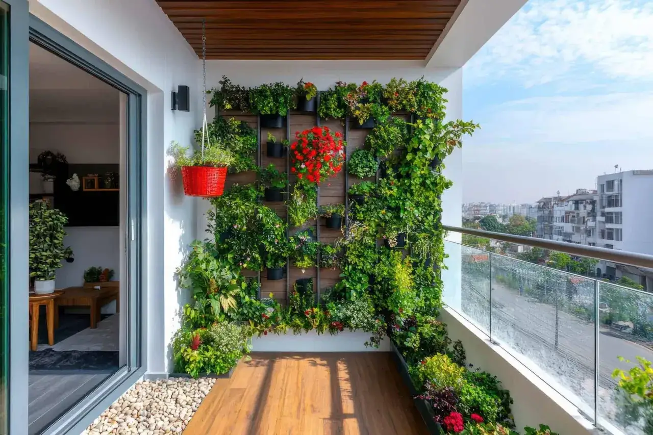 Un balcón exuberante con balcones con plantas que crean un jardín vertical. Una cesta roja cuelga, añadiendo un toque de color.