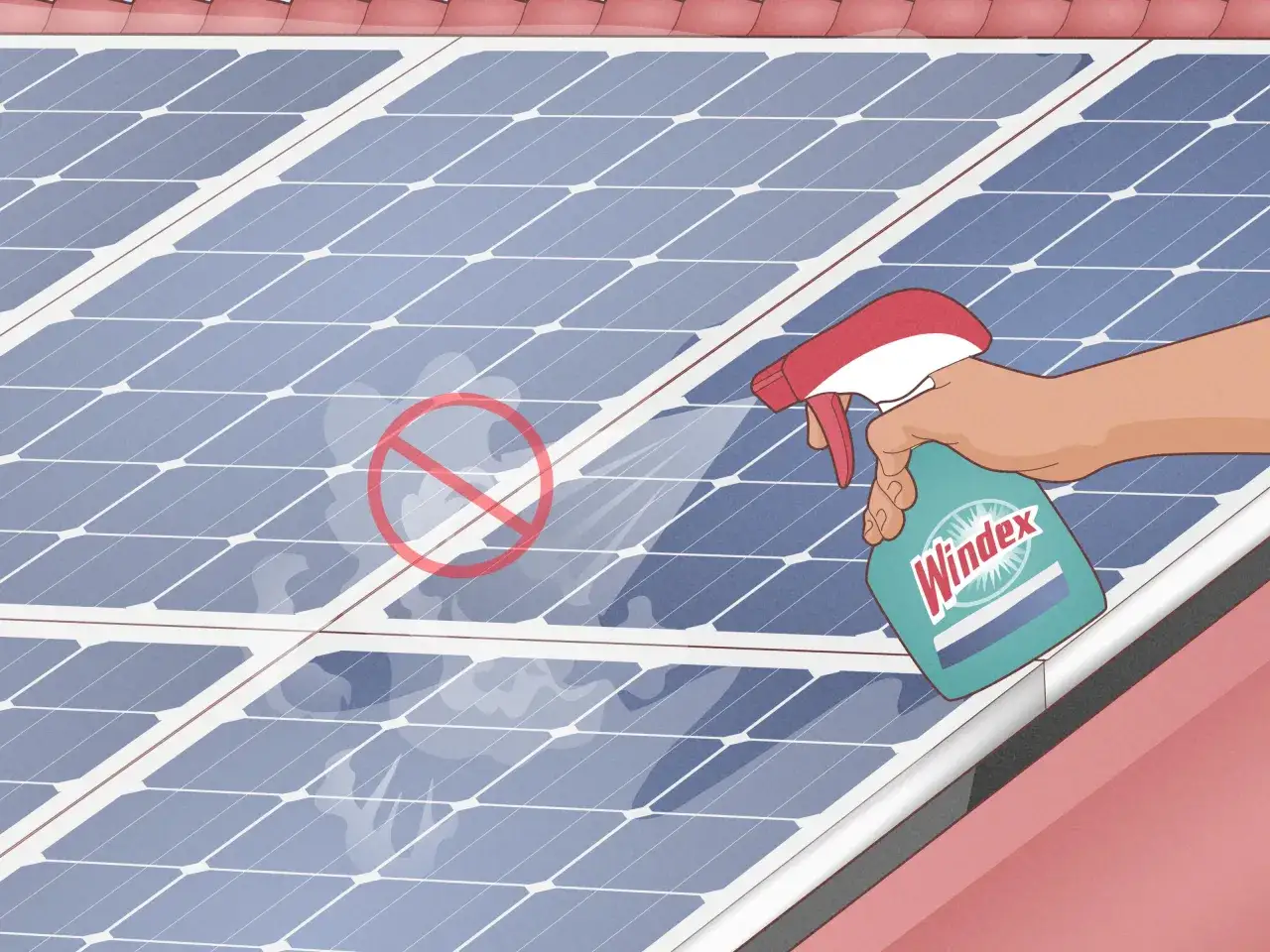 Mano roc&iacute;a Windex sobre paneles solares sucios, con un s&iacute;mbolo de prohibido sobre la suciedad. Aprende como limpiar placas solares.