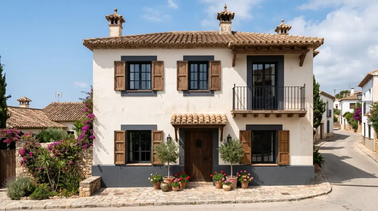 Casa blanca con tejas, ventanas de madera y balcón. Flores y olivos añaden un orden visual encantador a la entrada.