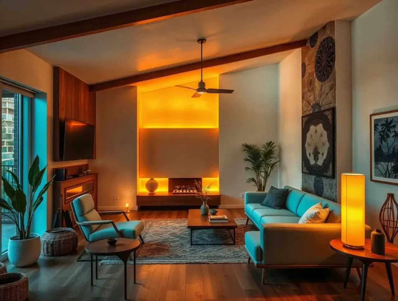Salón de estilo mid century con sofá azul, chimenea iluminada y vigas de madera.