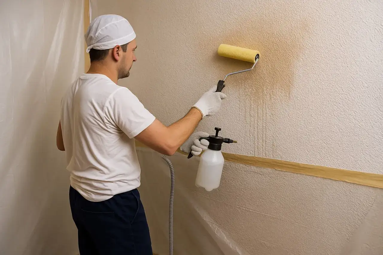 Hombre con rodillo y pulverizador, trabajando en la pared para quitar gotele plástico.