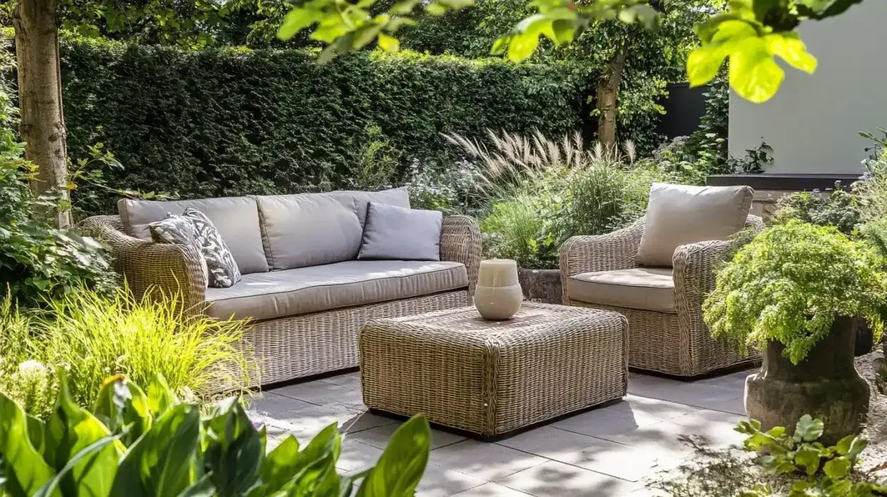 Mobiliario de mimbre en un jard&iacute;n exuberante, ideal para la decoracion solarium terraza. Sof&aacute;, sill&oacute;n y mesa de centro crean un oasis de paz.