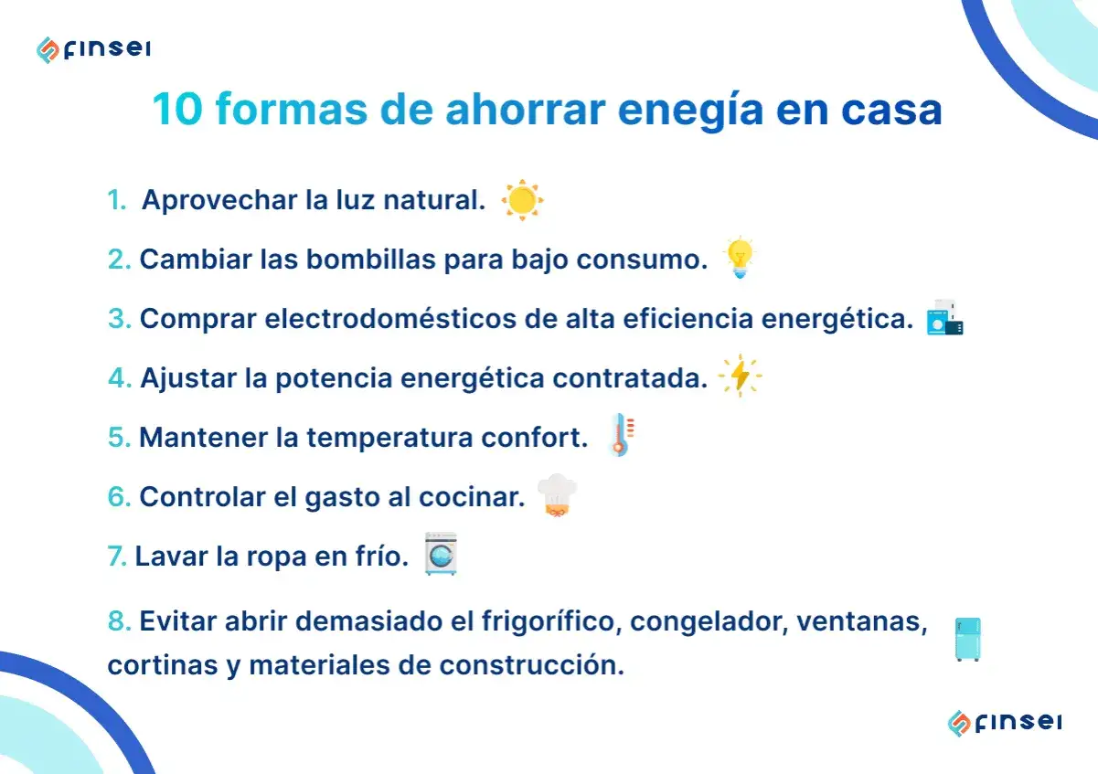 Lista de 10 consejos para reducir el consumo eléctrico en casa, incluyendo optimizar la luz natural, usar bombillas de bajo consumo y electrodomésticos eficientes.
