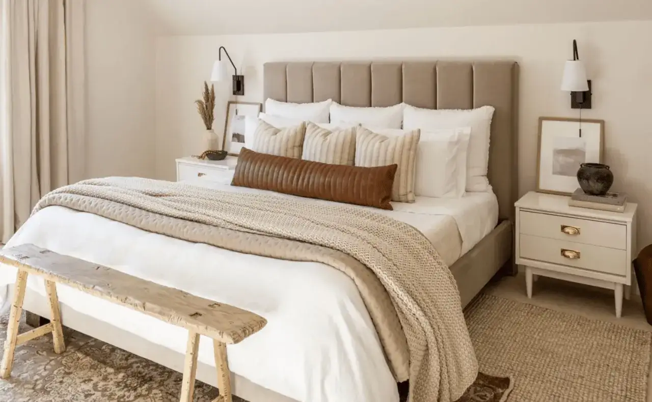 Acogedora habitación blanca y beige con cama grande, cojines texturizados, manta tejida y banco rústico.