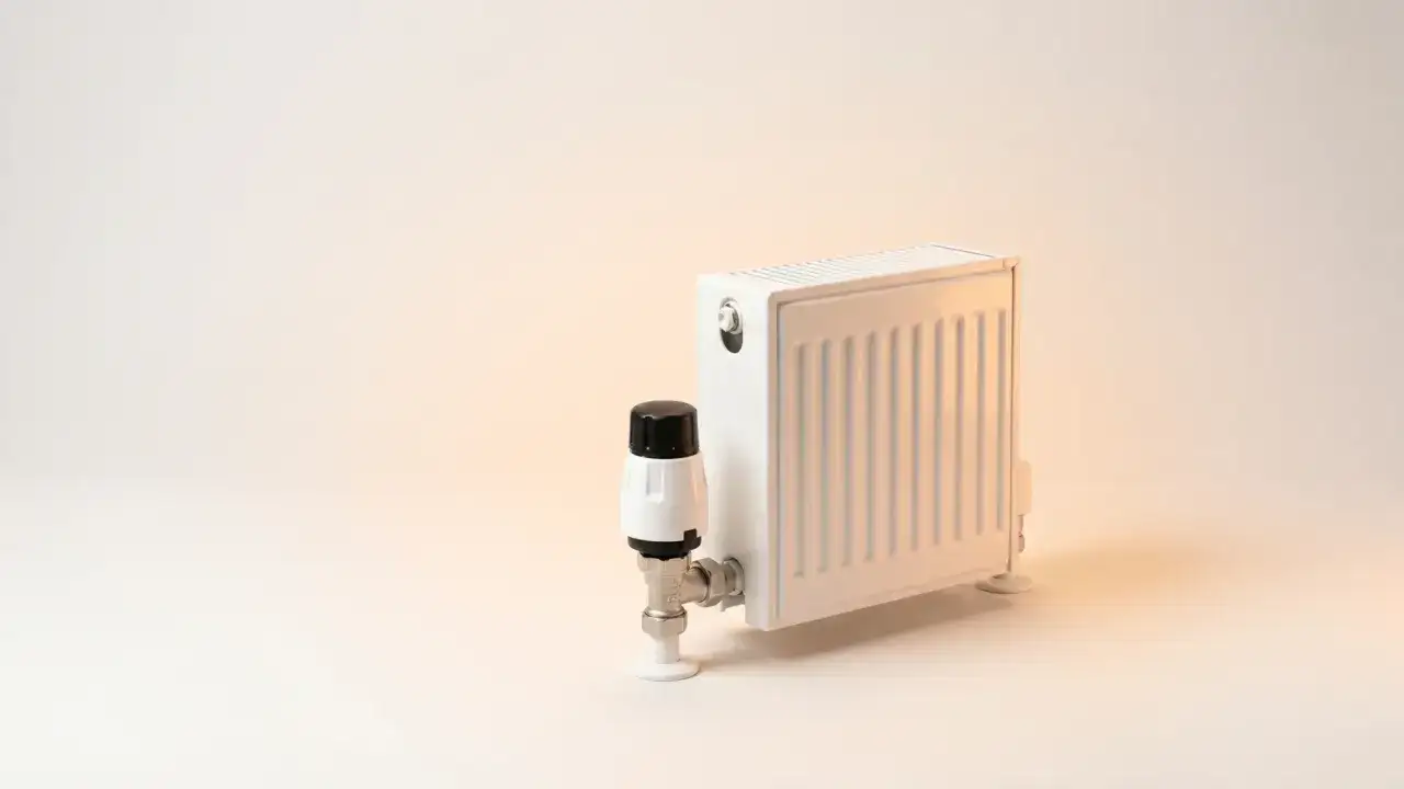 Radiador blanco con termostato, ideal para aprender como ahorrar en la factura del gas y mantener tu hogar cálido eficientemente.