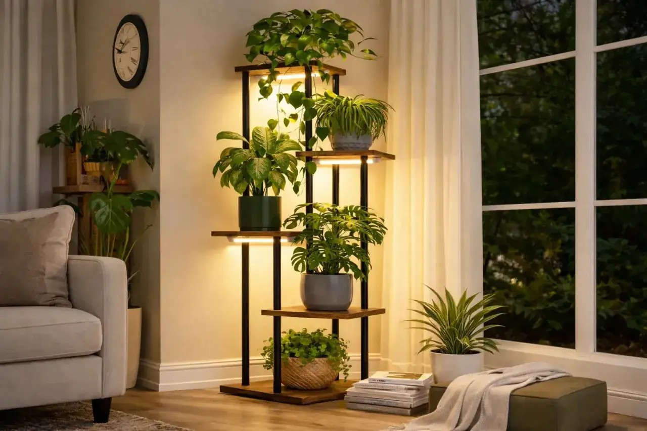 Un rincón de plantas de salón con estantería iluminada, un sofá y una ventana con vistas al exterior.